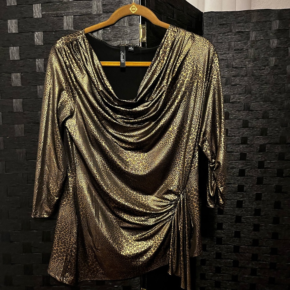 Essentials by Melania Gold Leopard Print Draped Top